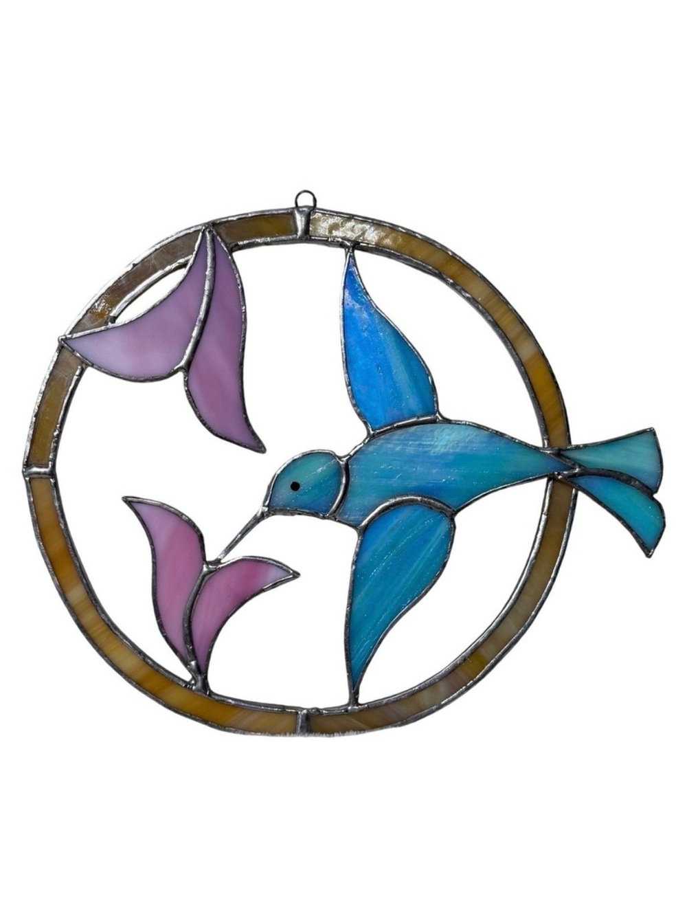 Stained Glass Suncatcher Blue Hummingbird Pink Flowers Bird Home Decor Vintage